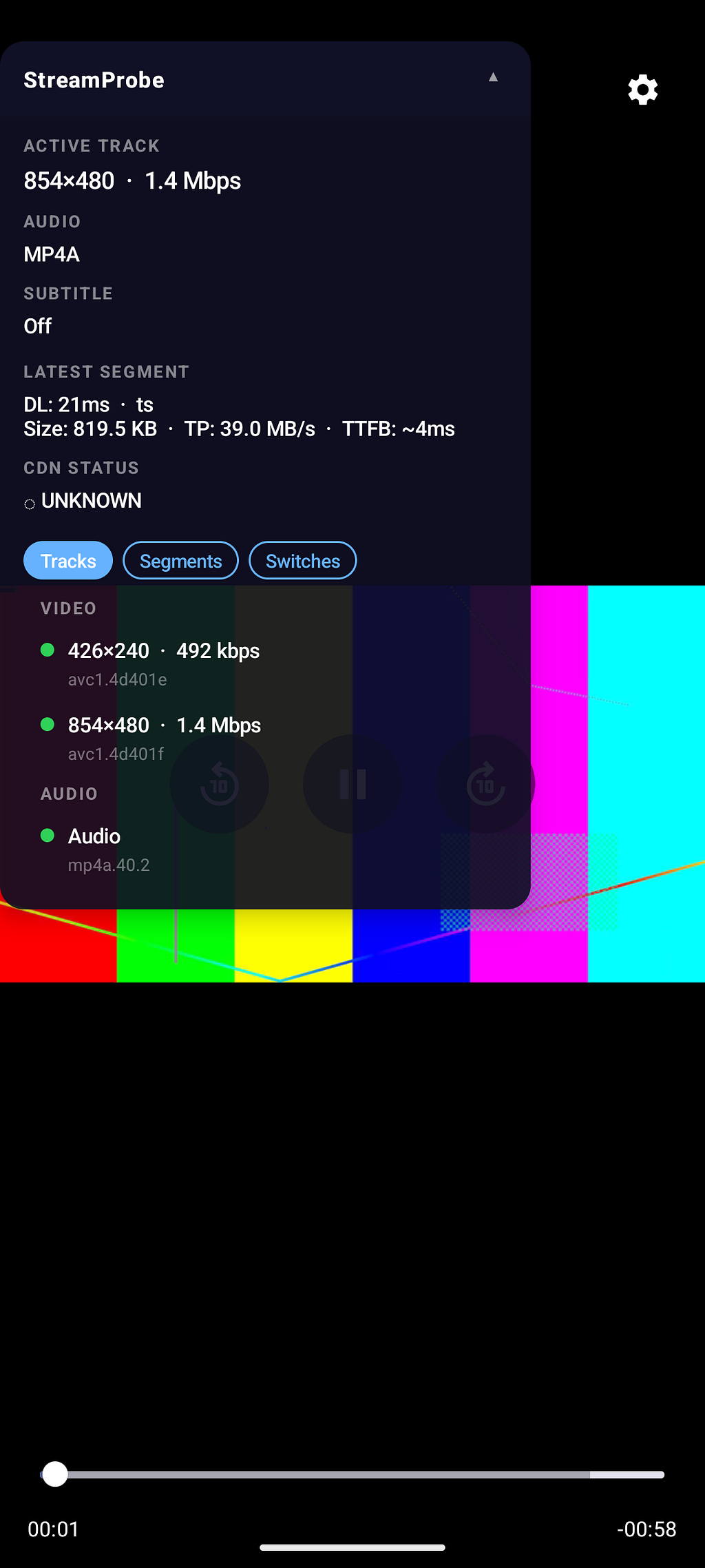 On-device overlay: the runtime ladder caps at 480p while throughput reads 39 MB/s