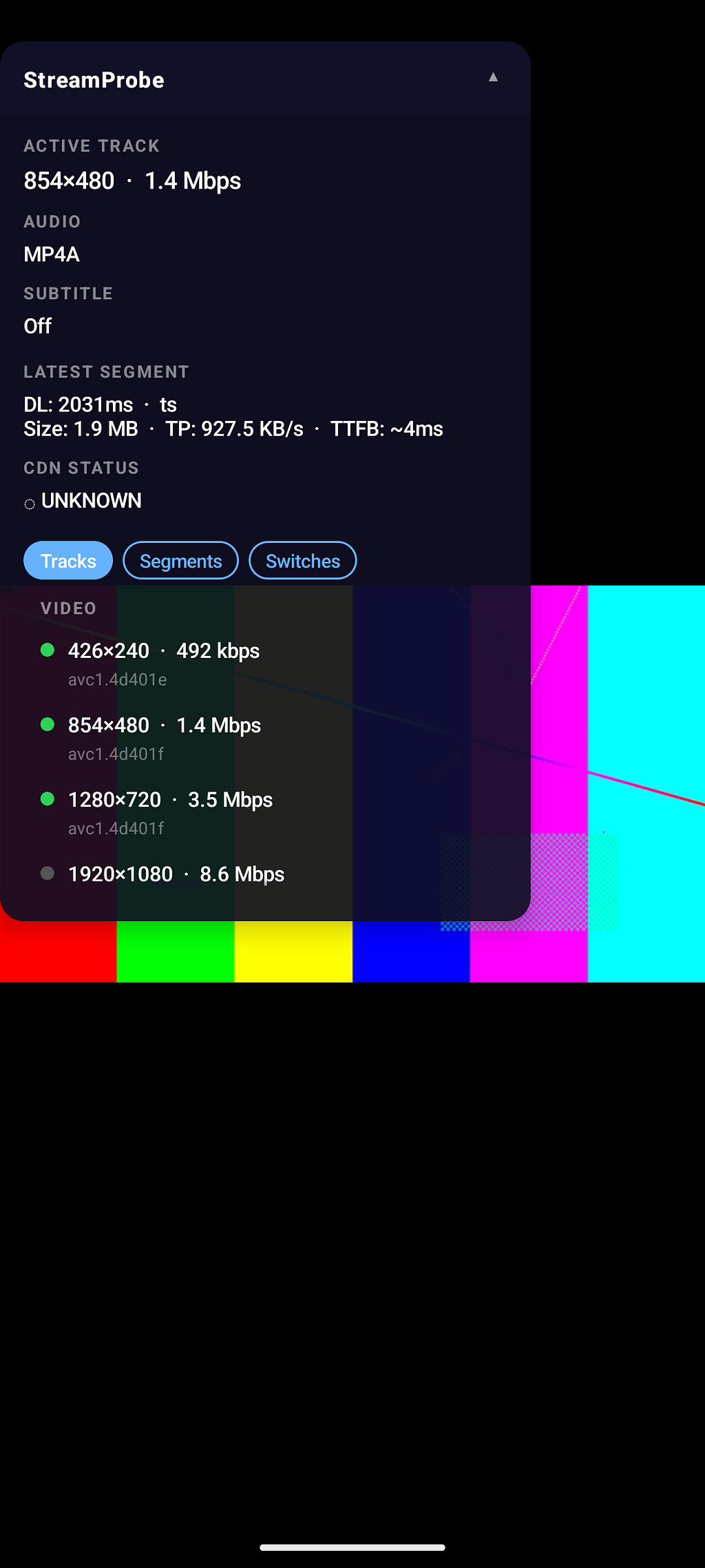 On-device overlay: the full ladder is present but each segment takes 2031 ms to download
